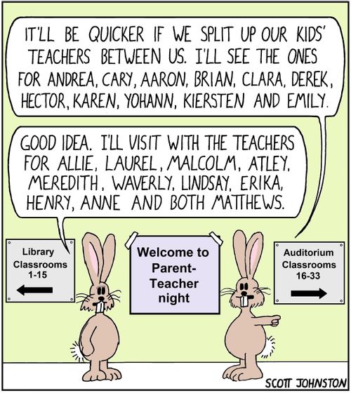 "It'll be quicker if we split up our kids' teachers between us. I'll see the ones for Andrea..."
