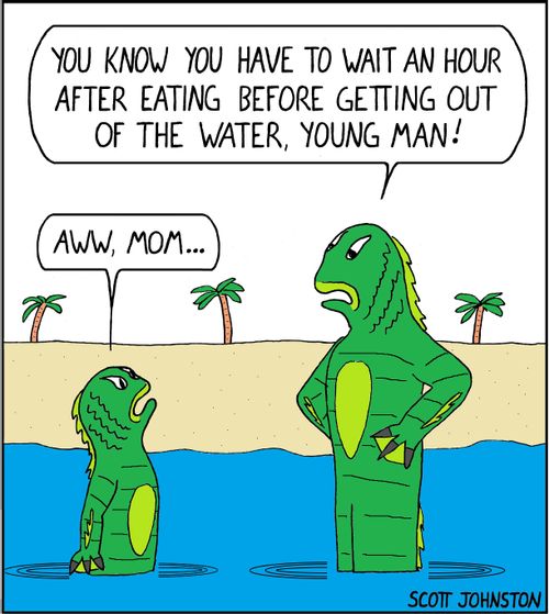 "You know you have to wait an hour after eating before getting out of the water, young man!"
