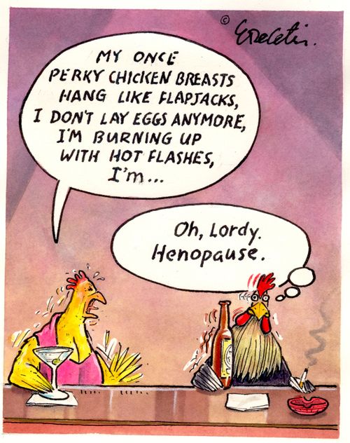 "My once perky chicken breasts hang like flapjacks, I don't lay eggs anymore, I'm burning up with hot flashes, I'm...."