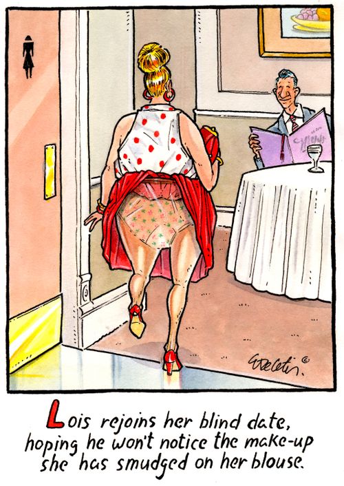Lois rejoins her blind date, hoping he won't notice the make-up she has smudged on her blouse.