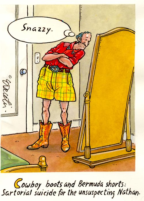 Cowboy boots and Bermuda shorts: sartorial suicide for the unsuspecting Nathan.