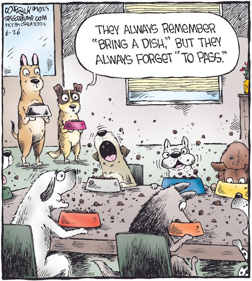 "They always remember 'bring a dish,' but they always forget 'to pass.'"