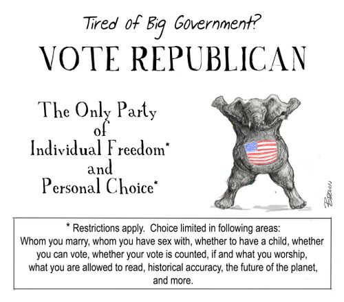 Tired of Big Government? Vote Republican - The Only Party of Individual Freedom and Personal Choice *Restrictions apply....