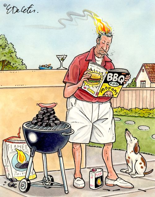 A man is trying to use a barbecue. He is reading a magazine about how to BBQ.