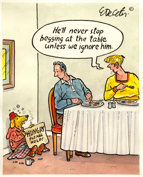 "He'll never stop begging at the table unless we ignore him."