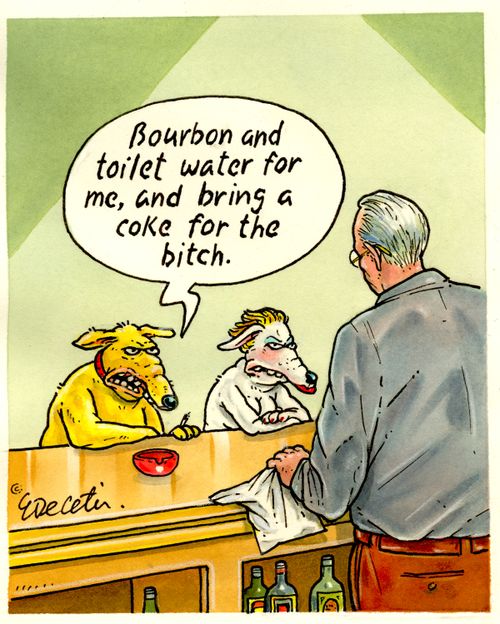 "Bourbon and toilet water for me, and bring a coke for the bitch."