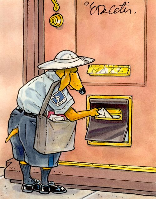 A dog postal worker delivers through a letterbox in a doggy door.
