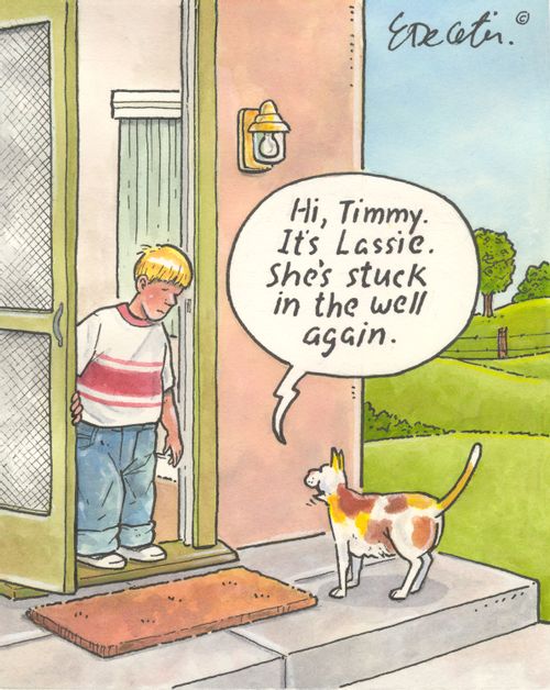 "Hi, Timmy. It's Lassie. She's stuck in the well again."