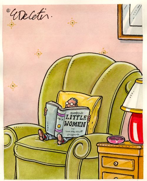 A man with Dwarfism is reading Little Women.