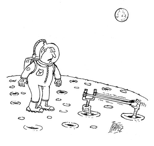 An astronaut on the moon is being attacked by an alien with a catapult.