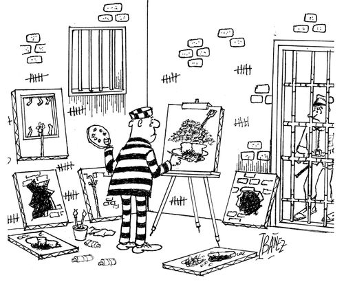 A prisoner is painting different stages of his escape plan from his cell.