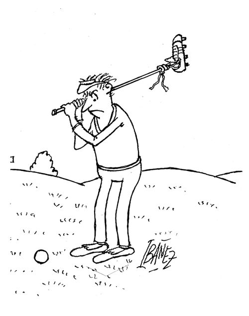 A man is trying to play golf with a football boot attached to a stick.