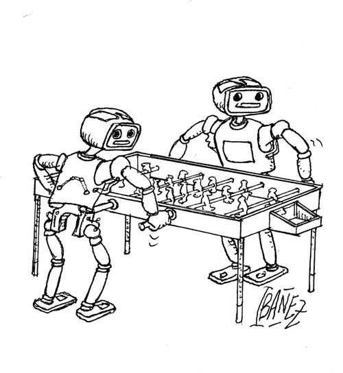 Two robots are playing table football.