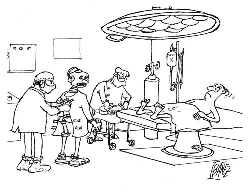A scared man who is about to have surgery performed by a robot.