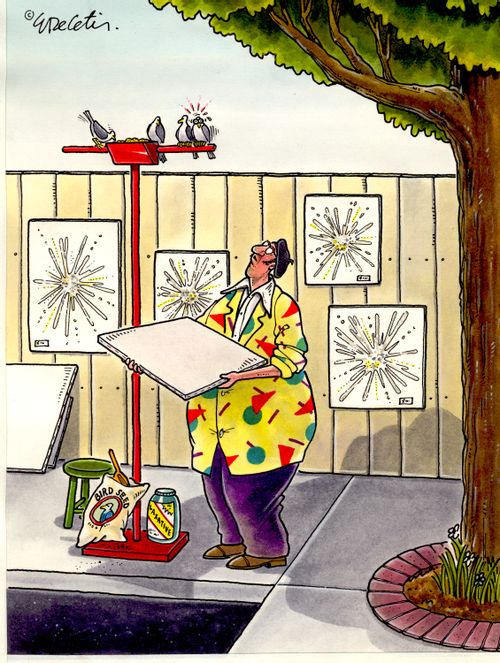 A person is catching bird poo on a blank canvas to make portraits.