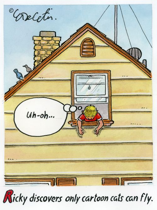 Ricky discovers only cartoon cats can fly.
