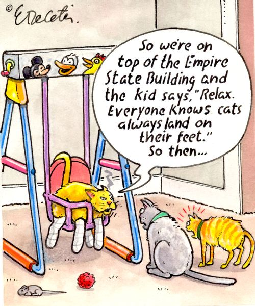 "So we're on top of the Empire State Building and the kid says, 'Relax. Everyone knows cats always land on their feet.' So then..."