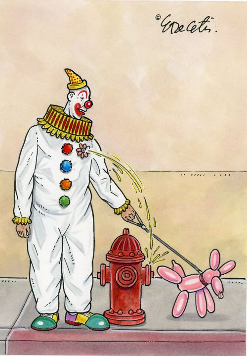 A clown is walking a balloon dog. He is pretending it is weeing on a fire hydrant.