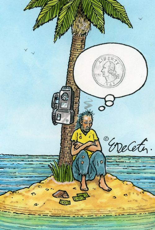 A Man is stranded on a desert island with a pay phone.