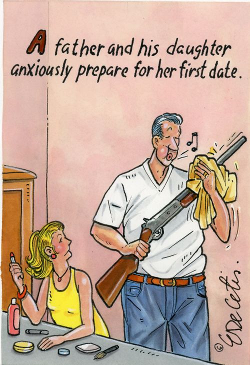 A father and his daughter anxiously prepare for her first date.