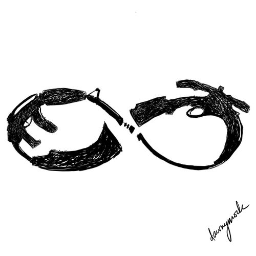 Two guns are pointing at each other in a peace sign.