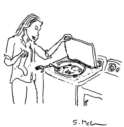 A woman opens her washing machine and the missing sock monster climbs out.
