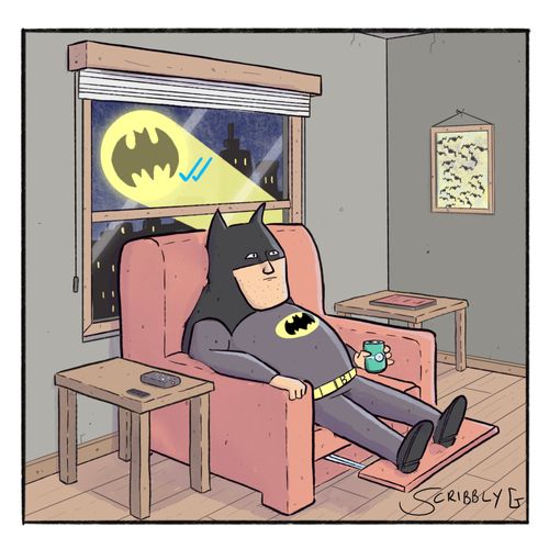 An overweight Batman ignores a bat signal 