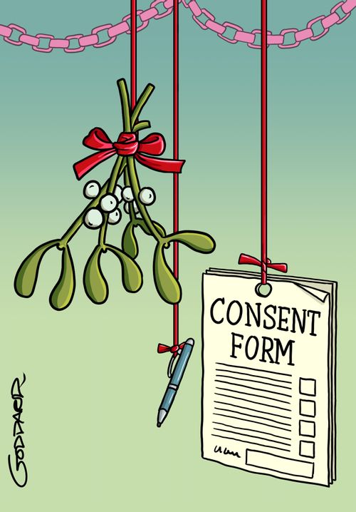 Woke Christmas - Consent form hanging next to a bunch of mistletoe.
