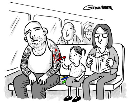 Man asleep on a bus while a child colours in his tattoos with crayons