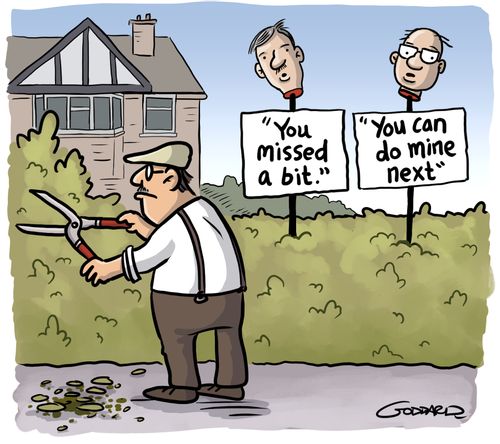 Man cutting hedge next to two heads impaled on sticks. Signs beneath say 'You missed a bit' and 'You can do mine next'.