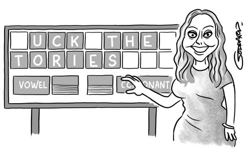 Fierce critic of government Carol Vorderman Countdown letters spell UCK THE TORIES.
