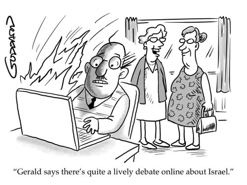 "Gerald says there's quite a lively debate online about Israel."