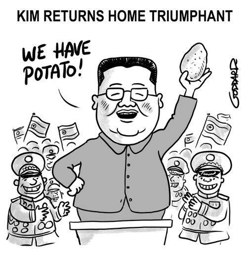 Kim Jong Un returns triumphant from his meeting with Putin - holds aloft a single potato.