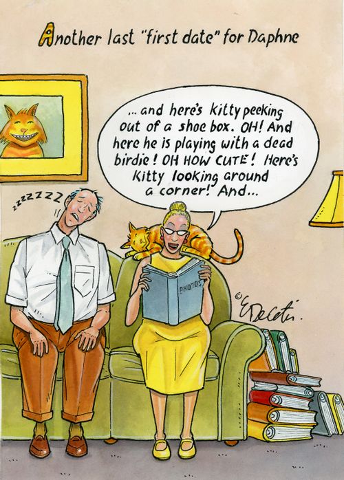 Another last "first date" for Daphne  "...and here's kitty peeking out of a shoe box. Oh! And here he is playing with a dead birdie! Oh how cute! Here's Kitty looking around a corner! And..."