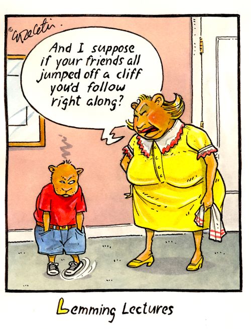 "And I suppose if your friends all jumped off a cliff you'd follow right along?"