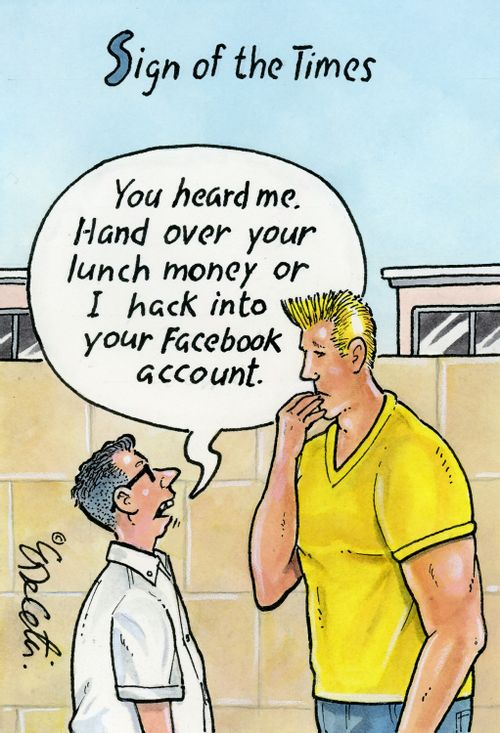 "You heard me. Hand over your lunch money or I hack into your Facebook account."