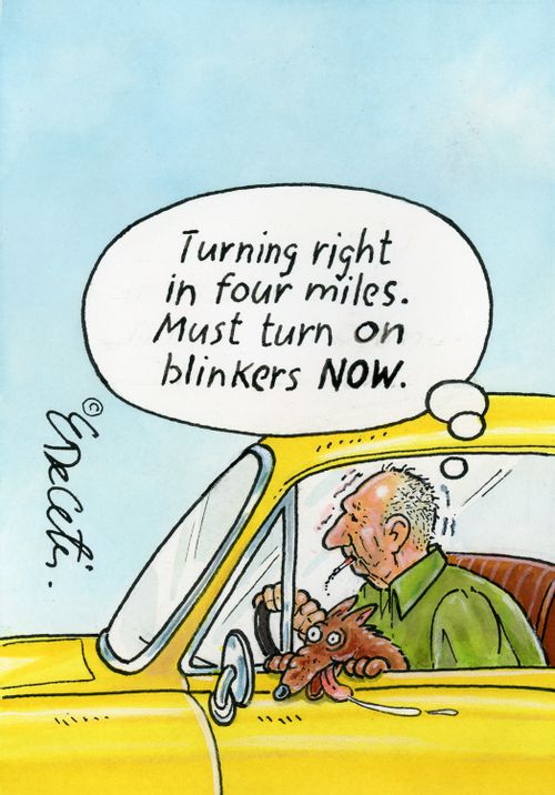 "Turning right in four miles. Must turn on blinkers now."