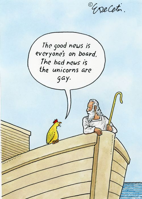 "The good news is everyone's on board. The bad news is the unicorns are gay."