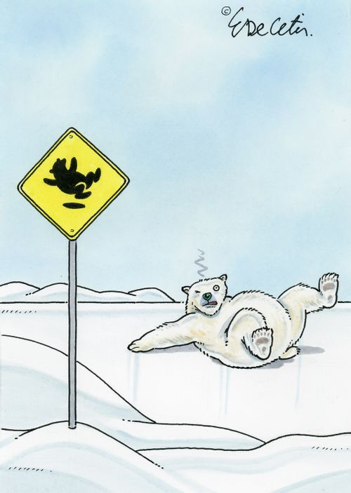 A polar bear has slipped and is sprawled out on the ice next to a yellow caution sign that features a slipping figure.