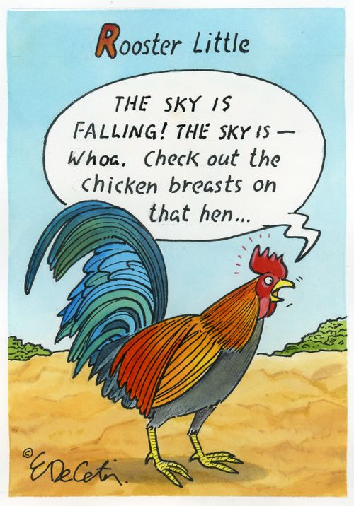 Rooster Little: "The sky is falling! The sky is — Whoa. Check out the chicken breasts on that hen..."