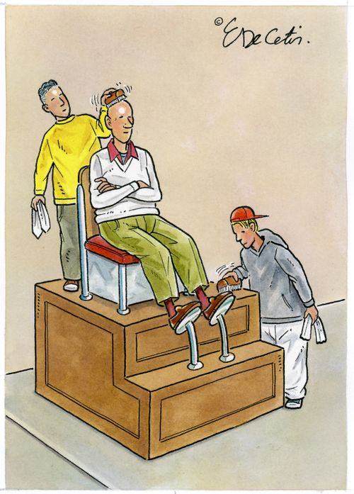 "Executive shoeshine and bald head buff, sir?"