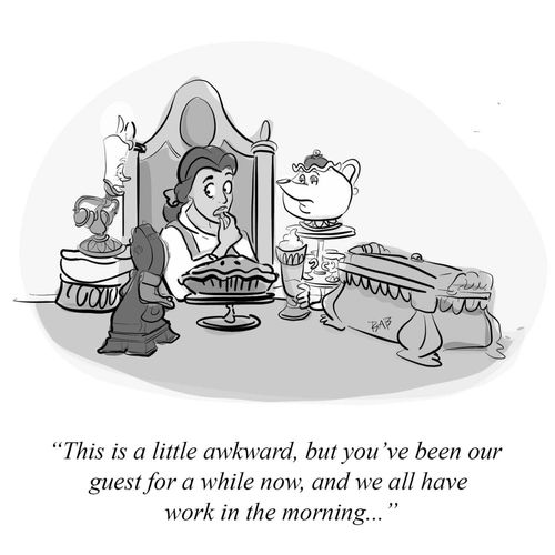 "This is a little awkward, but you've been our guest for a while now, and we all have work in the morning..."