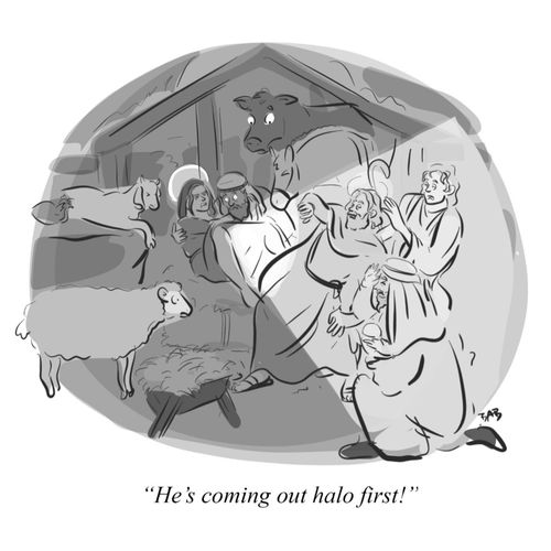 "He's coming out halo first!"