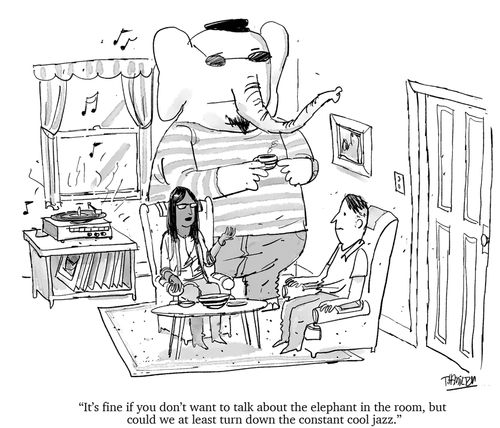 "It's fine if you don't want to talk about the elephant in the room, but could we at least turn down the constant cool jazz."