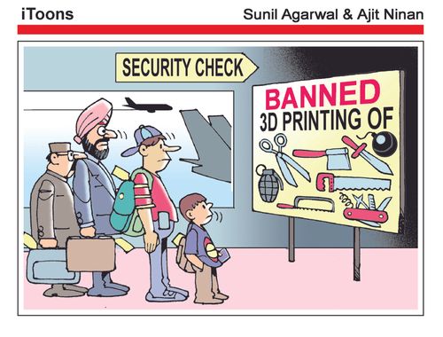 A sign reads that 3D printed versions of sharp items are banned at airport security.