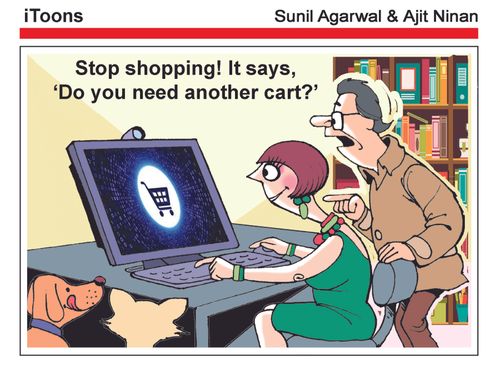 "Stop shopping! It says, 'Do you need another cart?'"