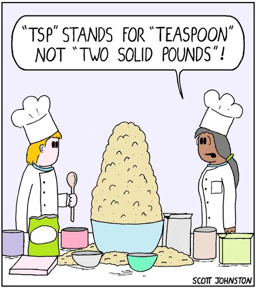 "'TSP' stands for 'teaspoon' not 'two solid pounds'!"
