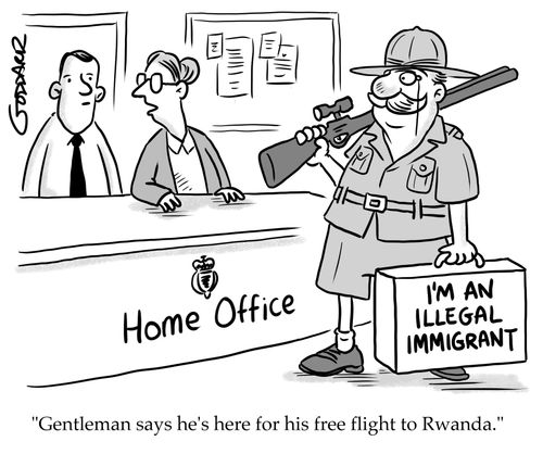 "Gentleman says he's here for his free flight to Rwanda."