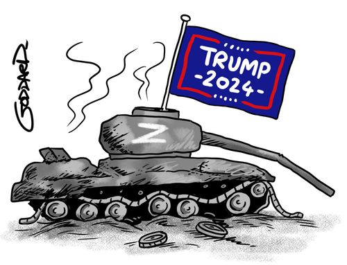 Destroyed Russian tank flies a Trump 2024 flag hoping military aid for Ukraine will stop.