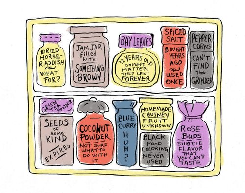 Ten spice jars which haven't been used in a kitchen are shown.